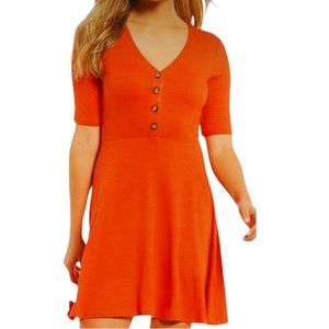 Copper Key Orange Ribbed Knit Fit & Flare V-Neck Dress Short Sleeves Womens SZ L
